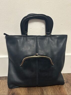 Vintage COACH Skinny Tote 9450 Navy Leather Kiss Lock Pre-Creed Bonnie Cashin